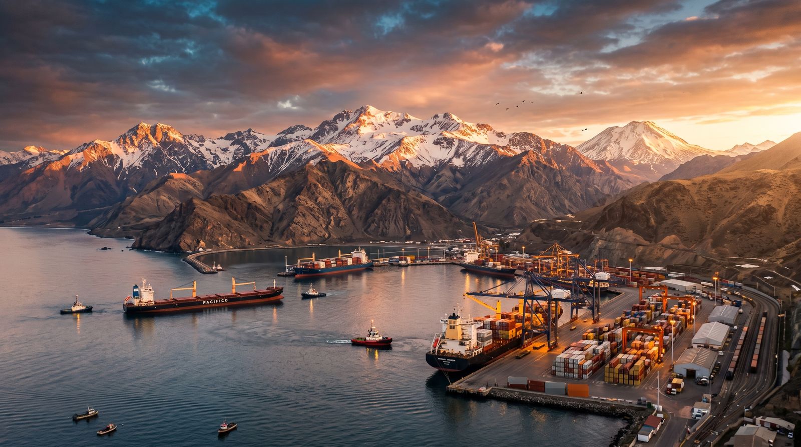 Container port on the Pacific coast at sunset, with the snow-capped Andes behind it