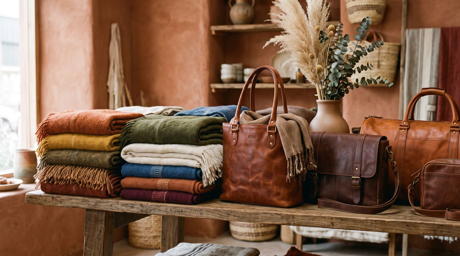 Leather bags and wool throws ready for export